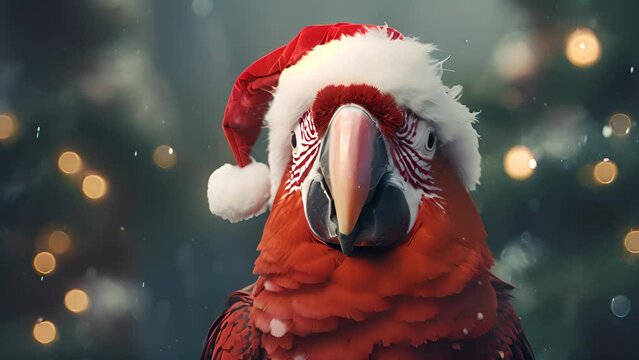 Portrait of a cute parrot in Santa Claus hat. 