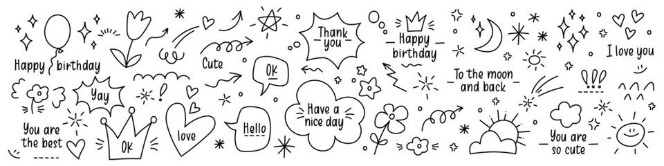 Cute vector glitter pen line doodles with hearts, sparks, arrows, speech bubbles in anime stile. Expression of love, birthday congratulations. Cute Valentines day doodle stickers. Manga kids set - 687432208
