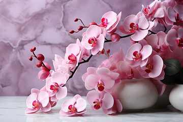 pink orchids, a bouquet of exotic flowers in a white vase.