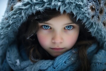 Portrait of cute little girl in beautiful warm outfit on winter background
