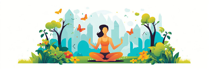 Santé et bien-être (yoga, méditation, fitness), vector, flat design, illustration et background. - obrazy, fototapety, plakaty