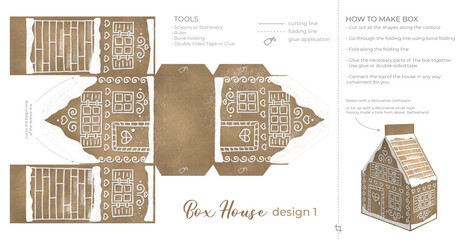 Christmas Gingerbread Village Paper House template. Vintage Printable file for print. Print and glue house scheme.