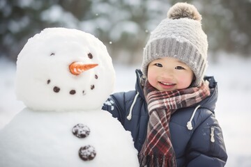 Funny excited little boy in red winter clothes walks during a snowfall.