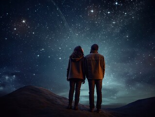 A portrait from behind of a romantic couple man male and woman female looking at stars in night sky - obrazy, fototapety, plakaty