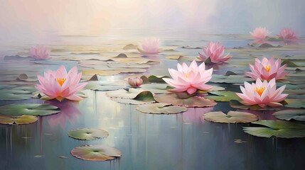 oil painting of lotus pond at sunrise