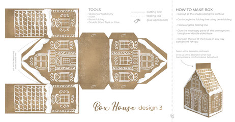 Christmas Gingerbread Village Paper House template. Vintage Printable file for print. Print and glue house scheme. - obrazy, fototapety, plakaty
