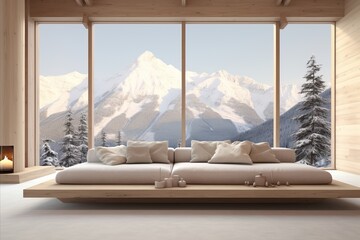 Japanese-Style Living Room with Wooden Bench, Beige Pillows, Winter Mountain View