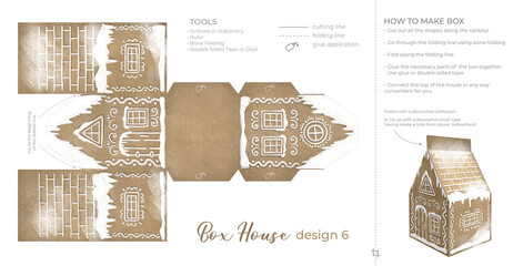 Christmas Gingerbread Village Paper House template. Vintage Printable file for print. Print and glue house scheme.