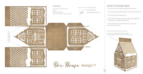 Christmas Gingerbread Village Paper House template. Vintage Printable file for print. Print and glue house scheme. - 687432843