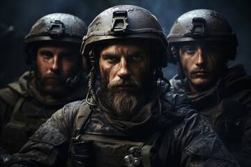 soldiers at war, three warriors in a helmet. military profession. portrait of a man in battle.
