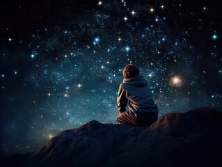 Macro photography of a lonely young man male guy astronomer looking at stars in a clear night sky