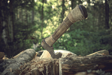 A lumberjack's axe is stuck in a log. To cut wood for firewood. An axe with a wooden handle.