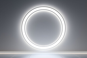 White neon glowing circle in white room background