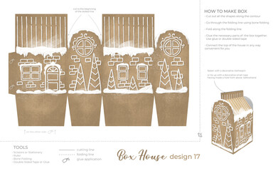 Christmas Gingerbread Village Paper House template. Vintage Printable file for print. Print and glue house scheme. - 687433672