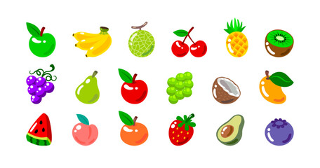 Vector apple, banana, melon, cherry, pineapple, kiwi, grape, pear, zymuscus, coconut, mango, watermelon, peach, orange, strawberry, avocado, blueberry.