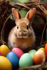 Fototapeta na wymiar Cute Easter bunny with colorful eggs. Idea for Easter, Holy Week