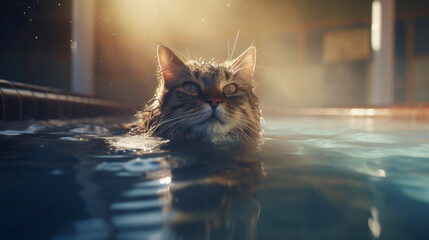 cat swimming on a crystal clear water swimming pool. Generative AI