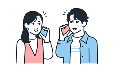スマホで通話する若いカップルのシンプルなベクターイラストセット素材