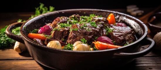 German beef cheeks braised in red wine sauce with vegetables served in a Dutch oven on a rustic board - obrazy, fototapety, plakaty