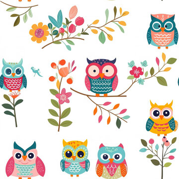 Cartoon owls isolated on white repeat pattern