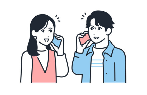 スマホで通話する若いカップルのシンプルなベクターイラストセット素材