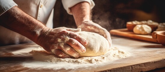 Fototapeta premium Bakers making homemade bread, hands kneading dough on wooden table.