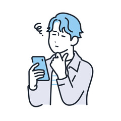 スマートフォンを持って悩むカジュアルな服装の若い男性のシンプルなベクターイラスト素材