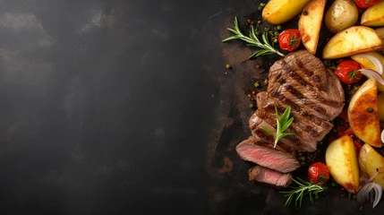 Fotobehang plate of grilled beef steak and potatoes on dark table, top view. Generative AI © Fuji