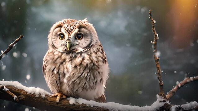 Happy owl rejoices in first snow. Autumn snowfall.