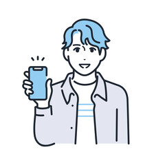 スマートフォンの画面を見せる服装の若い男性のシンプルなベクターイラスト素材