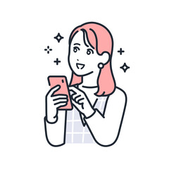 スマートフォンを持って期待するおしゃれな若い女性のシンプルなベクターイラスト素材