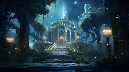 jungle temple under a starry night sky - obrazy, fototapety, plakaty