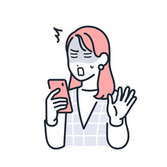 スマートフォンを見てショックを受けるおしゃれな若い女性のシンプルなベクターイラスト素材