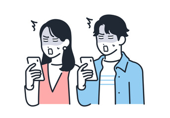 スマートフォンを見てショックを受ける若い男女のシンプルなベクターイラスト素材