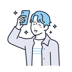 スマートフォンを掲げて喜ぶカジュアルな服装の若い男性のシンプルなベクターイラスト素材