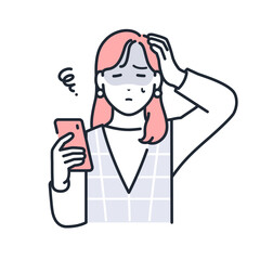 スマートフォンを持って頭を抱えるおしゃれな若い女性のシンプルなベクターイラスト素材