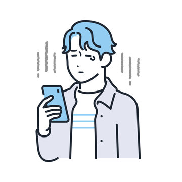 recommend clip art: スマートフォンを見て泣くカジュアルな服装の若い男性のシンプルなベクターイラスト素材