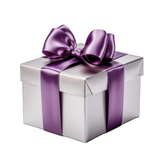 Silver Gift Box with Purple Bow Isolated on Transparent or White Background, PNG