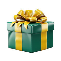 Green Gift Box with Yellow Bow Isolated on Transparent or White Background, PNG