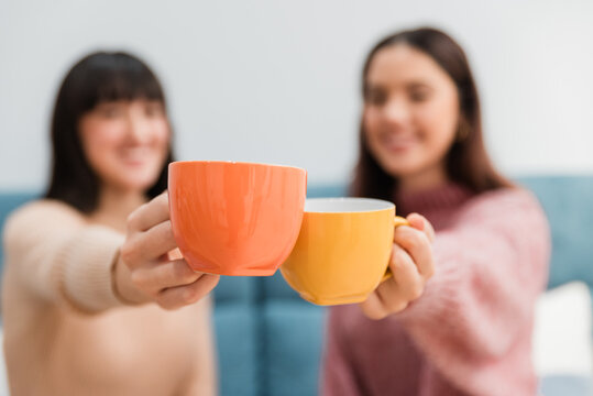 Female friends clinking cups with hot drinks