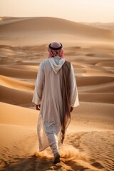 Rear view of a Muslim Arab man walking along Beautiful Sand dunes in the Sahara Desert.
