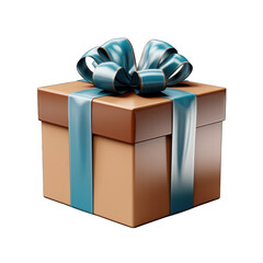 Brown Gift Box with Blue Bow Isolated on Transparent or White Background, PNG