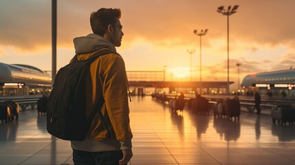 Fototapeta premium The guy with the backpack at the airport. Young handsome man waiting for boarding, walks through airport terminal.