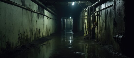 Abandoned Soviet military bunker with dark flooded corridor or tunnel.