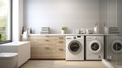 An efficient modern bathroom with white washer and dryer