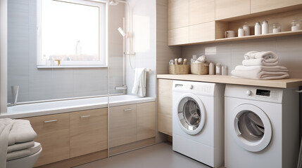 An efficient modern bathroom with white washer and dryer
