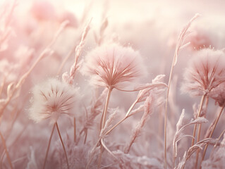 Beautiful winter nature macro background. Fluffy stems of tall grass under the snow in winter during snowfall, tinted pink