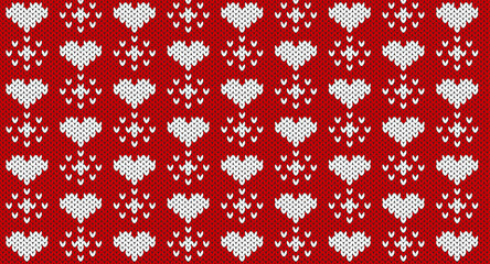 White hearts on red knitted design, Festive Sweater Design. Seamless Knitted Pattern, Chritmas knitted.
