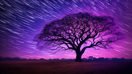 Crisp photography of A tree in front of a starry sky with purple data streams rising out of tree branches - obrazy, fototapety, plakaty