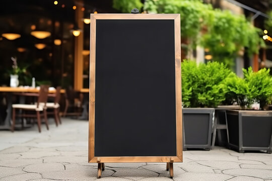 Empty menu board on the street. Chalkboard menu sign mockup
